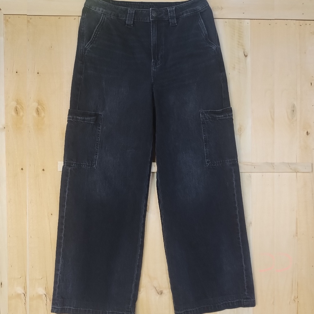 American Eagle High-Rise Baggy Wide Leg Black Denim Cargo Pants